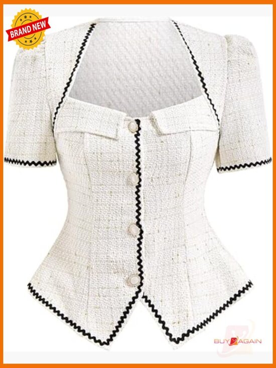 Tops - Puff Sleeve Tweed Blouse Elegant Button Down Business Casual Top
